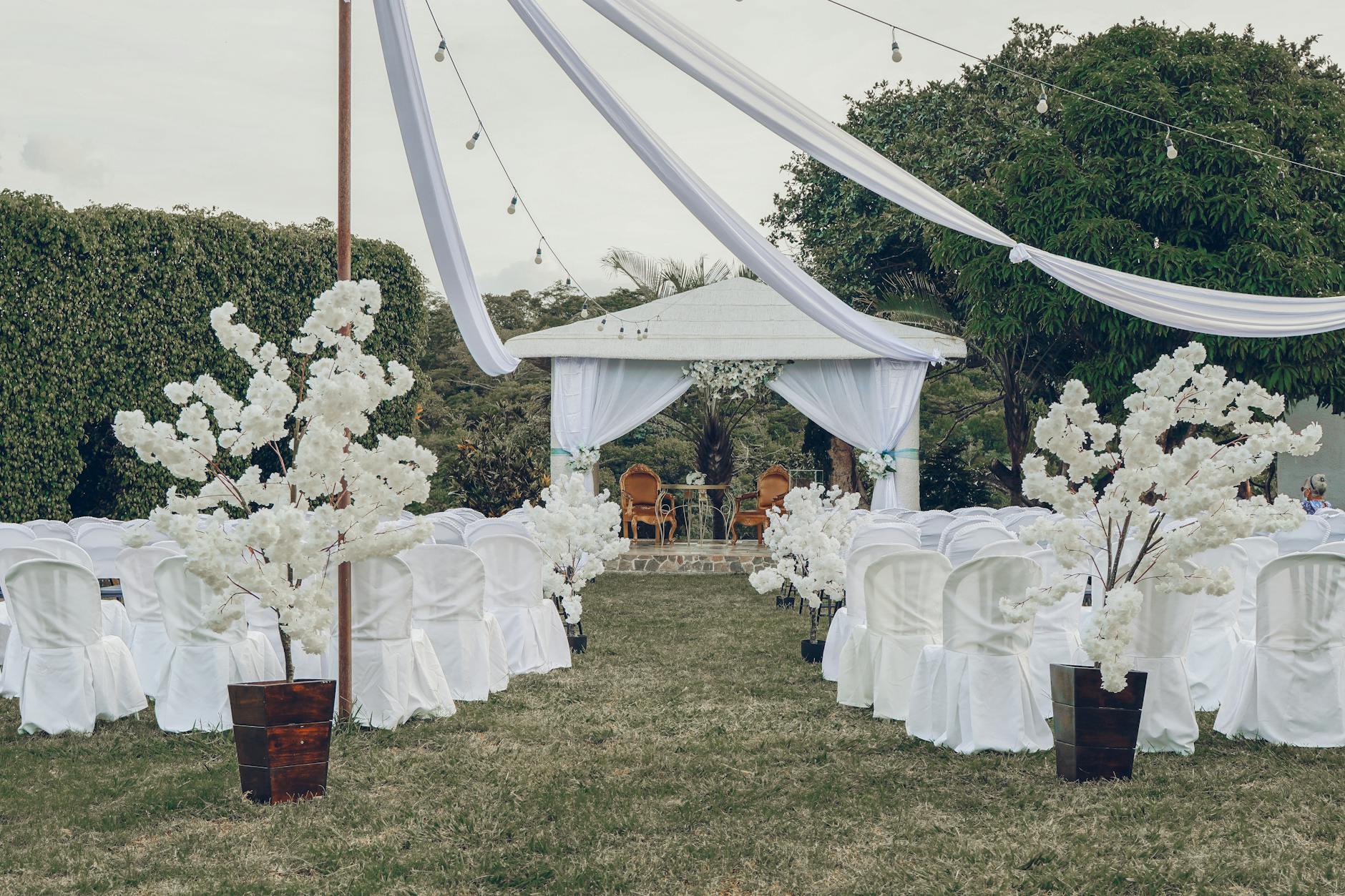 An outdoor wedding ceremony with guests seated in a garden setting