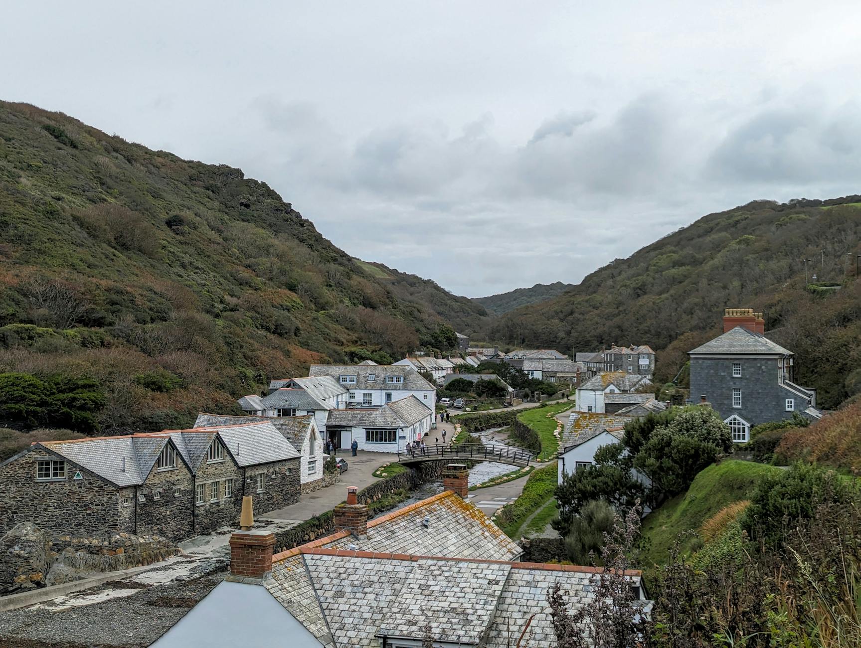 Traditional Cornish village street with stone houses
