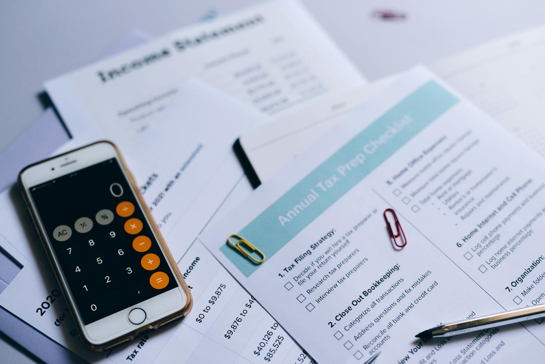 Calculator and finance documents on a desk representing accounting services