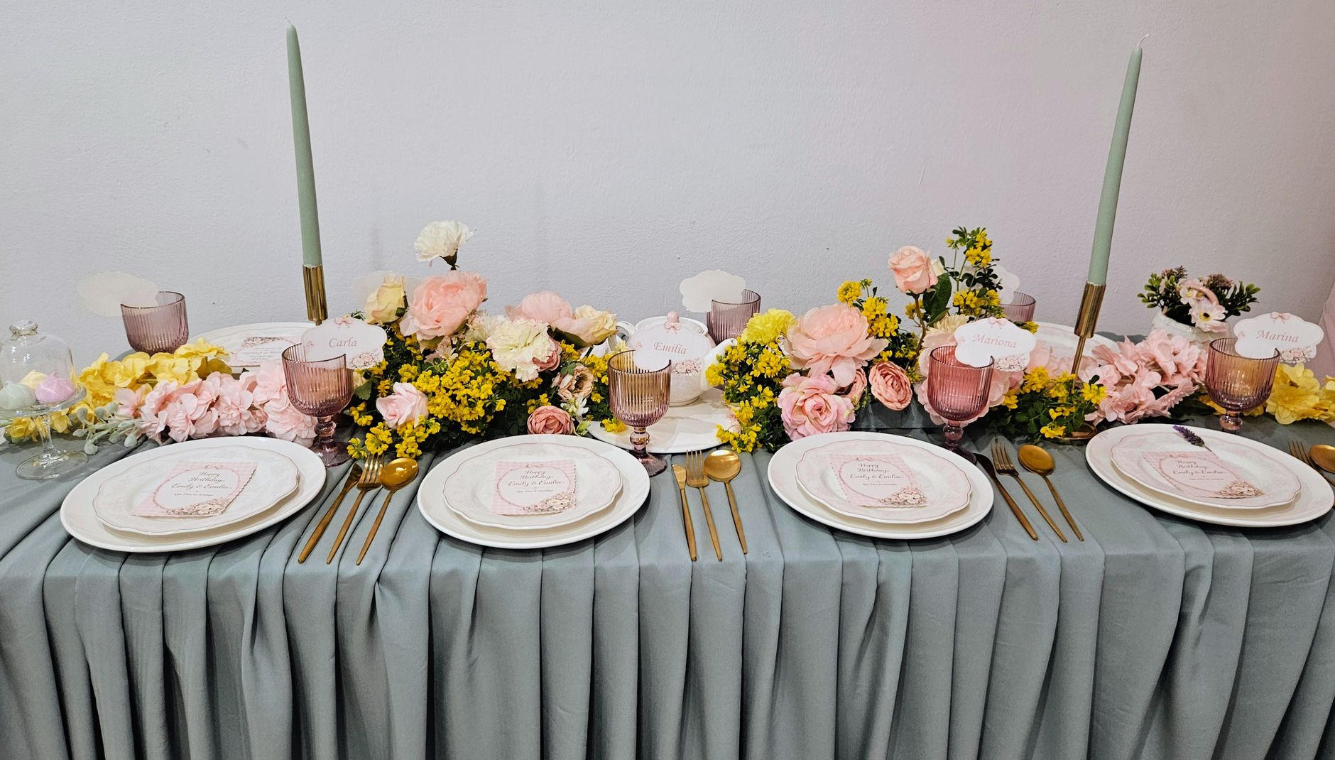 Styled wedding tablescape with flowers and decor