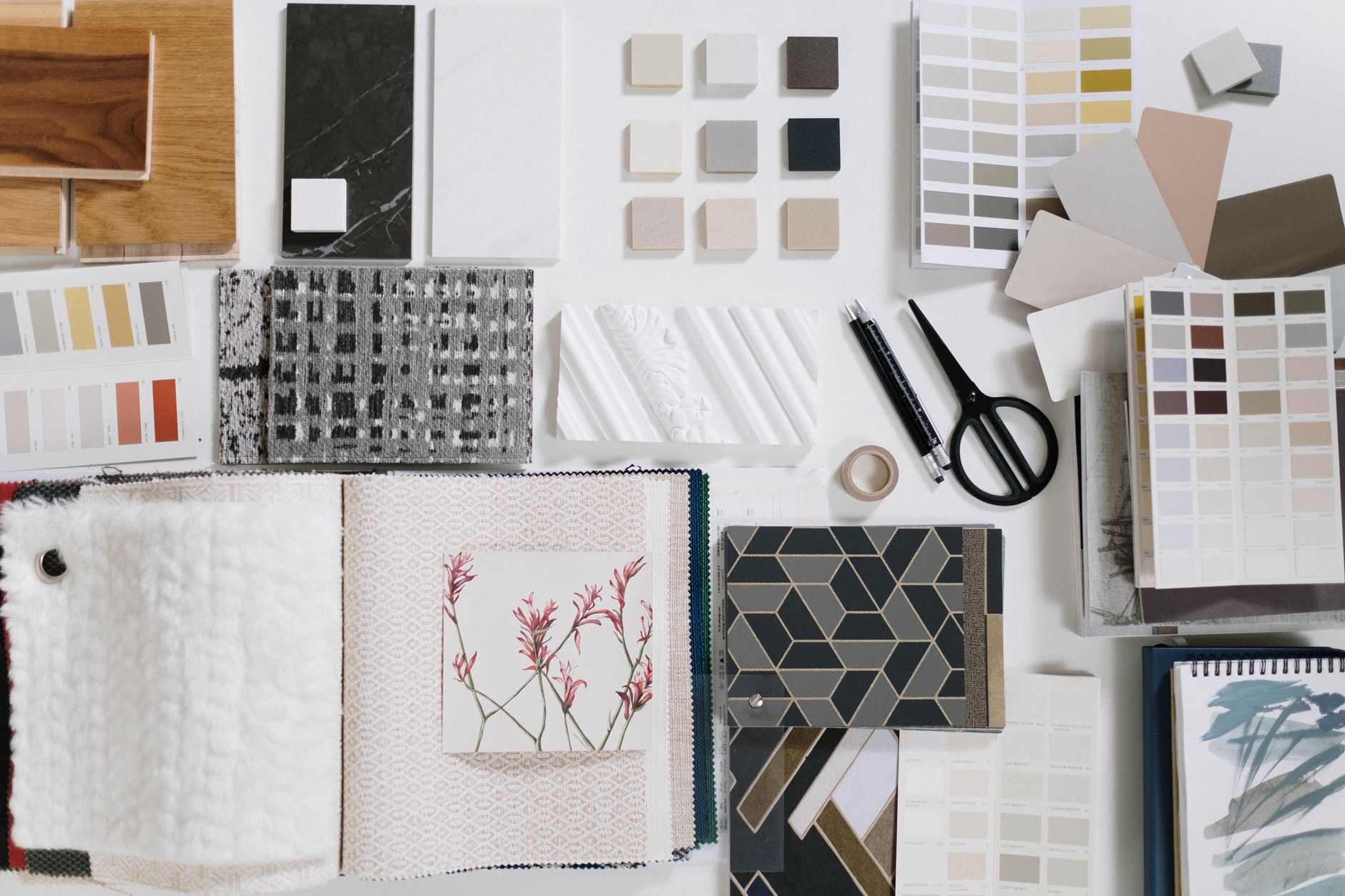 Wedding mood board with fabric swatches and flower samples
