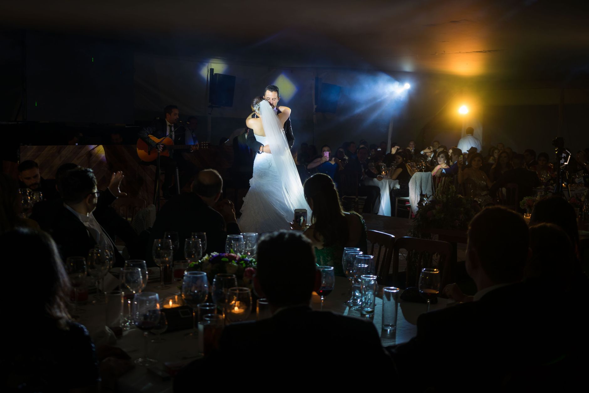 Wedding reception marquee in the countryside at evening