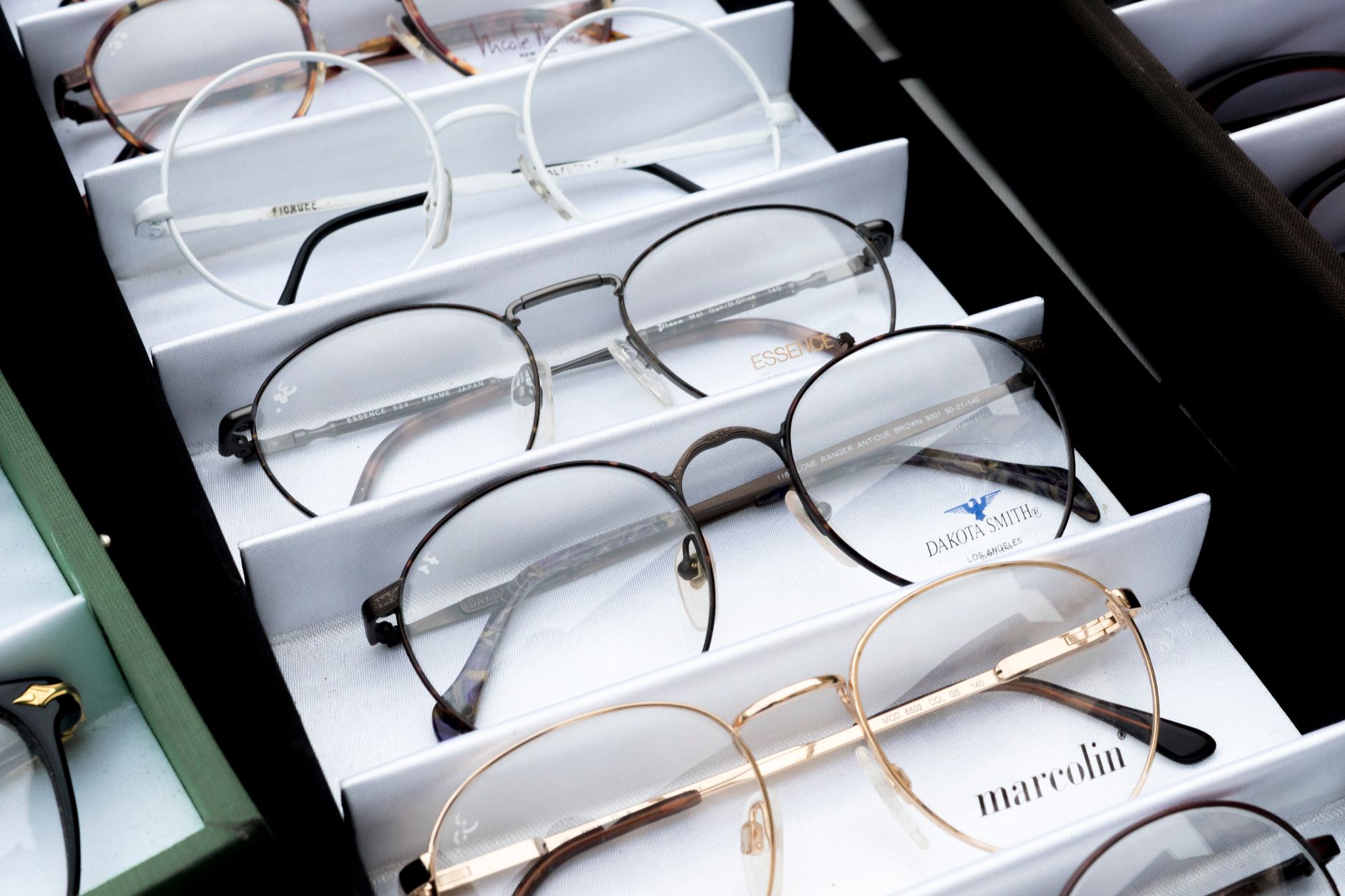 Designer glasses frames displayed in an optician shop